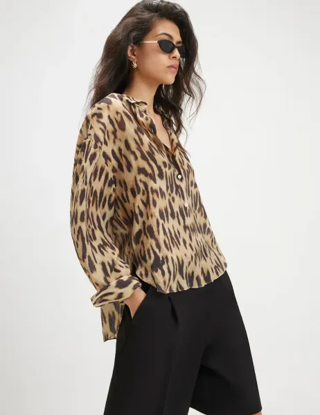 River Island Animal Print Collared Shirt Beige Mix
