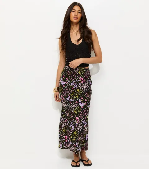 Women's Black Botanical Pattern Bias Cut Midi Skirt