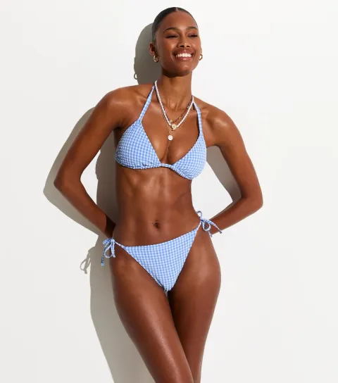Women's Blue Gingham Tie Side Tanga Bikini Briefs
