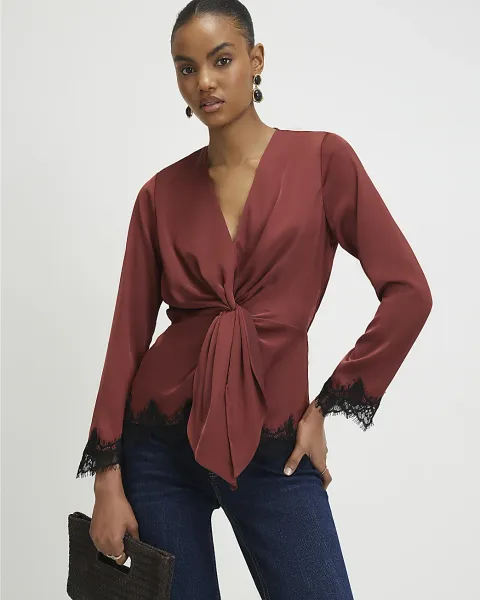 River Island Knot Front Lace Top