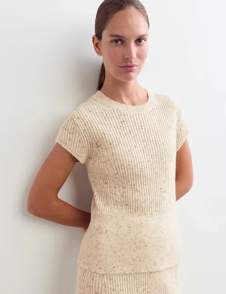 Jaeger Lambswool Blend Ribbed Knitted Top Ivory Mix
