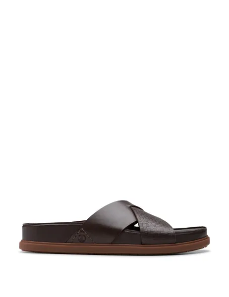 Clarks Leather Crossover Sliders Brown