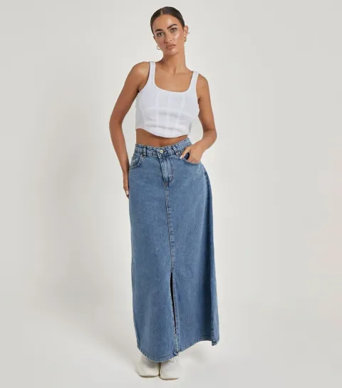 Women's Blue Denim Split Front Maxi Skirt