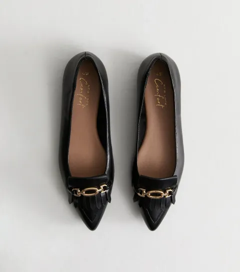 Women's Black Faux Leather Chain Detail Ballet Flats Vegan