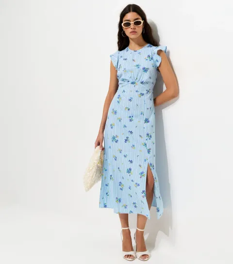 Women's Blue Floral Print Crepe Midi Dress