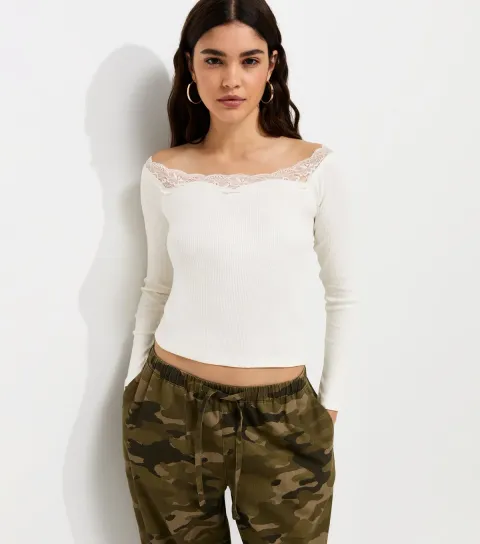New Look Women's Cream Cotton Rich Bardot Lace Trim Long Sleeve Top