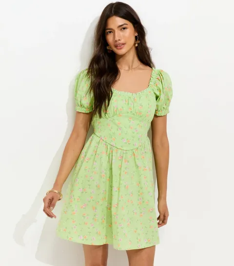 Women's Light Green Cotton Floral Print Milkmaid Mini Dress