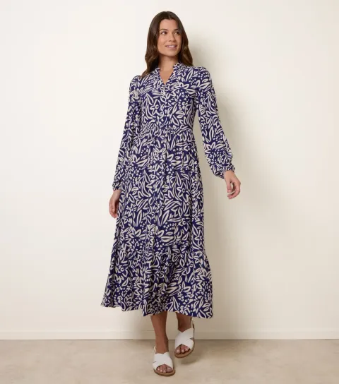 Women's Navy Floral Button Up Midi Dress