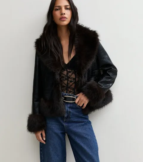 New Look Women's Black Faux Fur Trim Croc Embossed Faux Leather Jacket