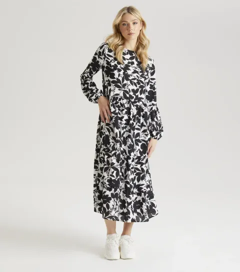 Women's White Floral Stencil Print Smock Dress