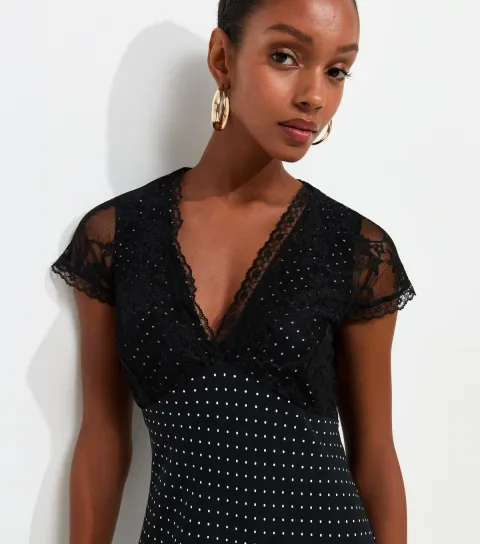 Women's Tall Black Spot Print Lace Bust Midi Dress