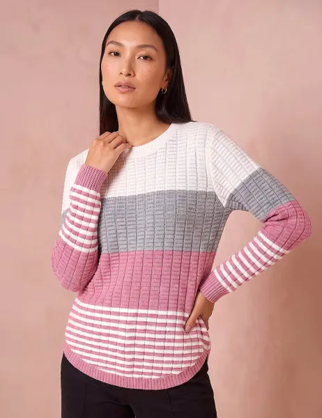 Roman Textured Striped Crew Neck Jumper Pink