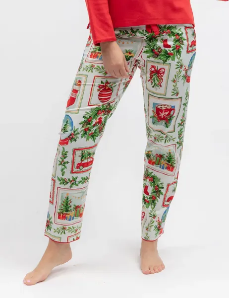 Cyberjammies Cotton Modal Family Christmas Postcard Pyjama Bottoms Red Mix