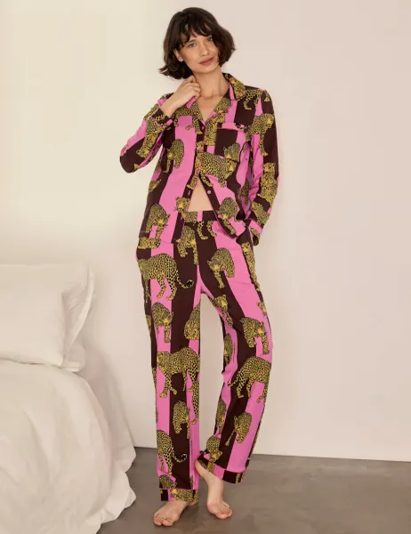 Chelsea Peers Cotton Long Sleeve Two Piece Leopard Stripe Pyjama Set Multi