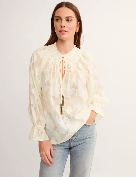 Monsoon Jacquard Tie Neck Blouson Sleeve Blouse Ivory