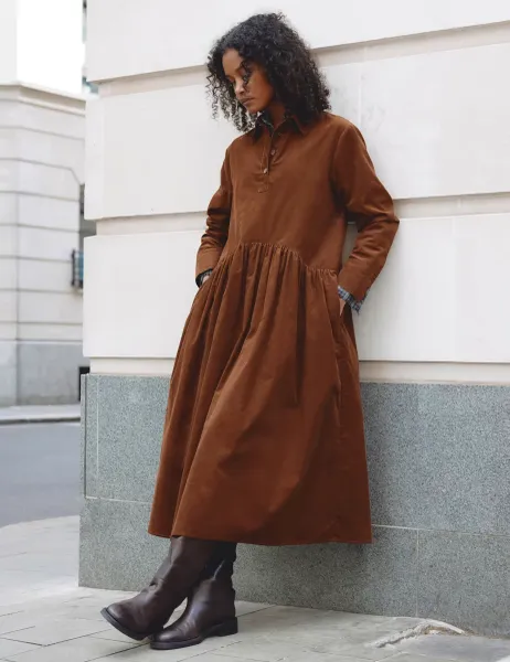 Cord Midi Skater Dress Tan