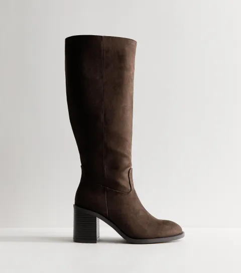 Women's Dark Brown Faux Suede Block Heel Boots Vegan