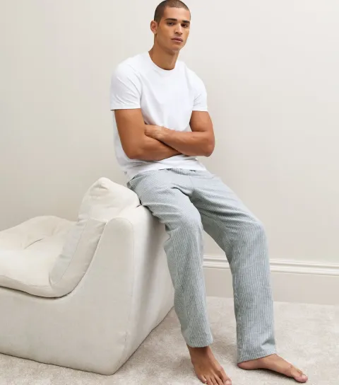 New Look Men's Blue Cotton Relaxed Fit Flannel Stripe Pyjama Bottoms