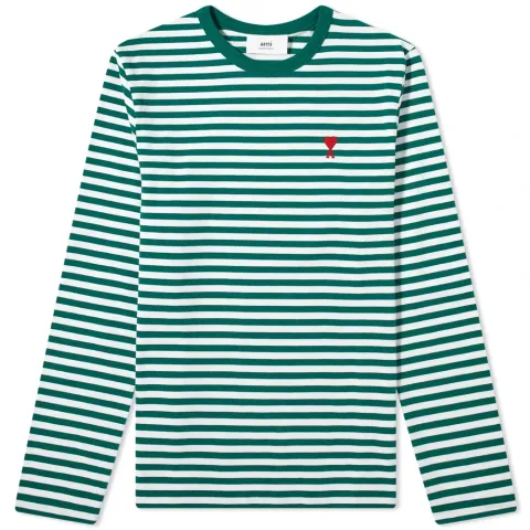 AMI Long Sleeve Heart Logo Stripe T-Shirt