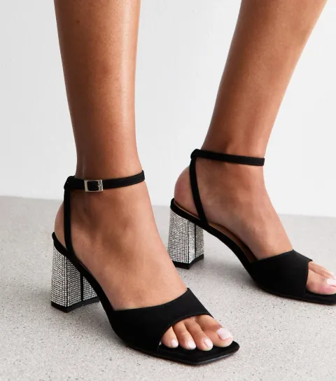 Women's Black Faux Suede Gem Embellished Block Heel Sandals Vegan