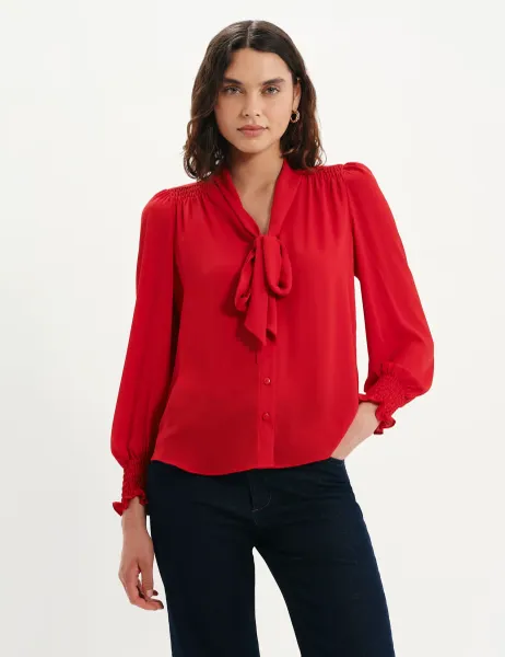 Finery London Tie Neck Button Through Blouson Sleeve Blouse Red