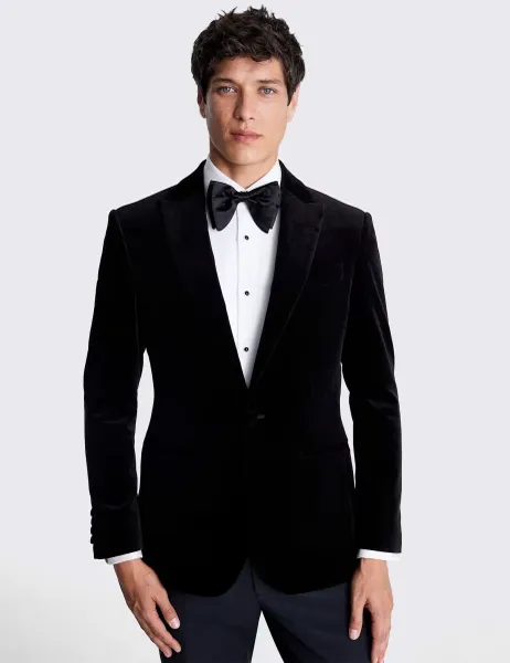 Moss Tailored Fit Pure Cotton Velvet Tuxedo Jacket Black