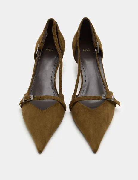 Marks & Spencer Buckle Detail Kitten Heel Pointed Court Shoes Olive