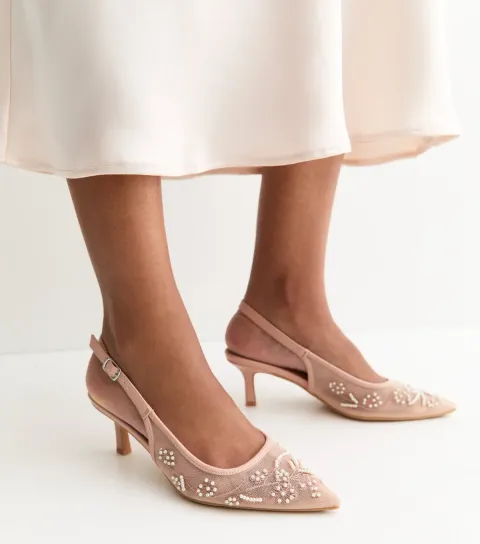 Women's Pink Tapestry Embroidered Slingback Court Shoes Vegan