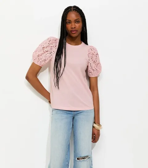 New Look Women's Light Pink Broderie Anglaise Puff Sleeve Top