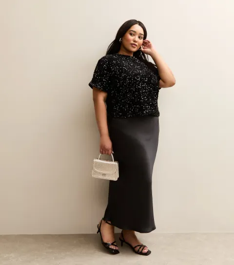 Women's Plus Size Black Satin Midi Skirt Curves