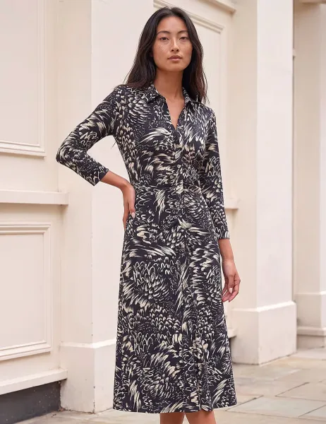 Roman Petite Collared Ruched Midi Shirt Dress Black