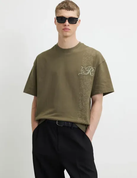 River Island Cotton Floral Border T-Shirt Khaki Mix