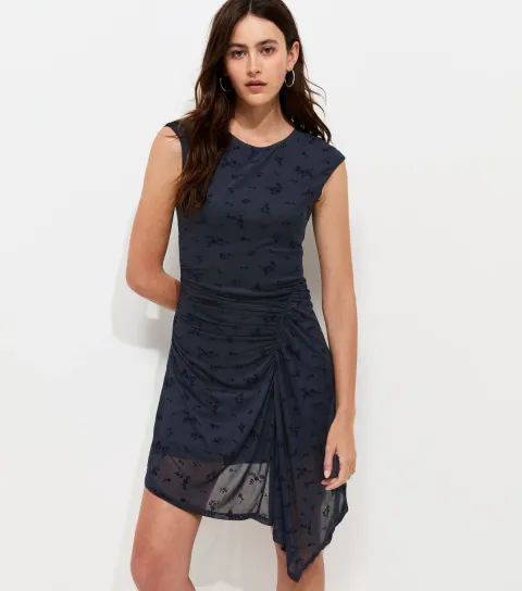 New Look Women's Navy Floral Flocked Ruched Sleeveless Mini Dress