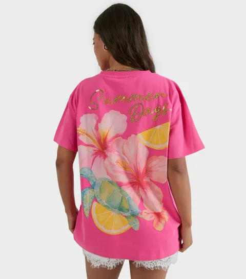 Women's Bright Pink Cotton Summer Days Oversized T-Shirt
