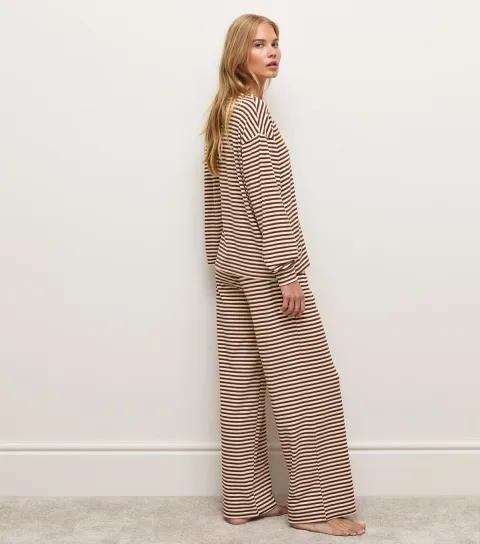 New Look Women's Brown Cosy Stripe Jersey Wide Leg Trousers