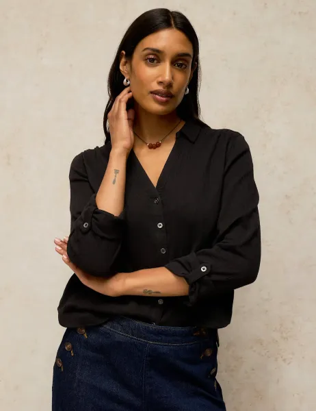 White Stuff Pure Cotton Collared Shirt Black