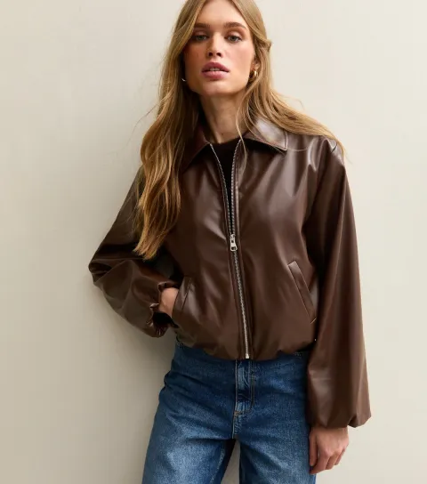 Women's Brown Faux Leather Bubble Hem Jacket