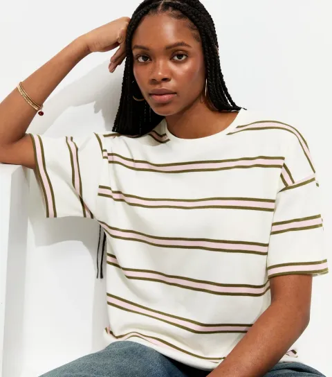 Women's Premium Pink Heavyweight Cotton Striped Oversized T-Shirt