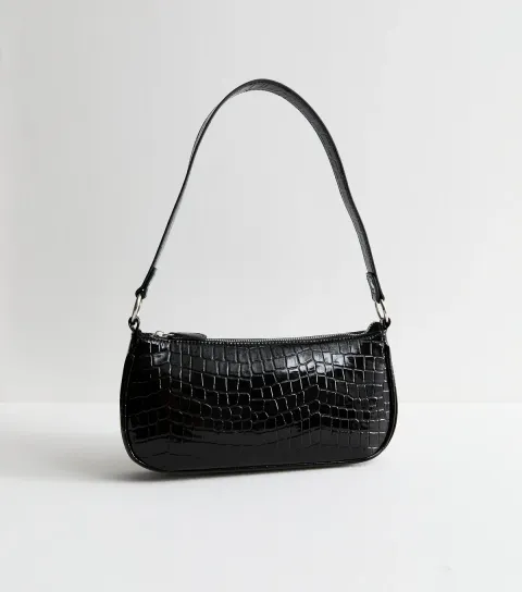 Black Faux Leather Crocodile Embossed Shoulder Bag Vegan