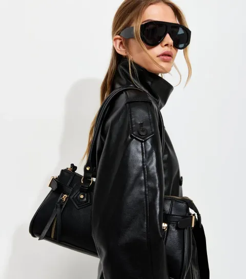 New Look Women's Dark Brown Faux Leather Funnel Neck Belted Jacket