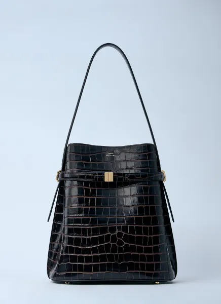 Croc-Embossed Leather Bucket Bag