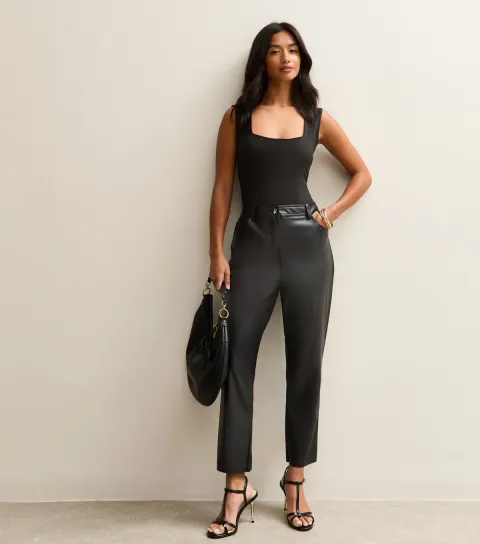New Look Women's Petite Black Faux Leather Straight Leg Trousers