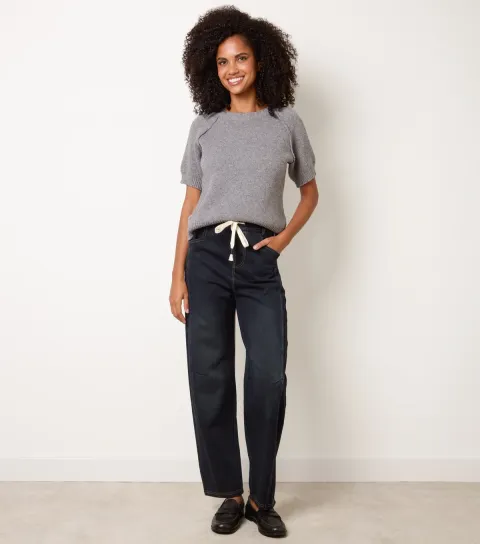 Women's Dark Blue Drawstring Barrel Leg Jeans