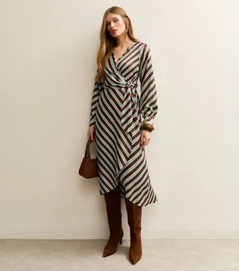 Women's Brown Satin Striped Wrap Midi Dress