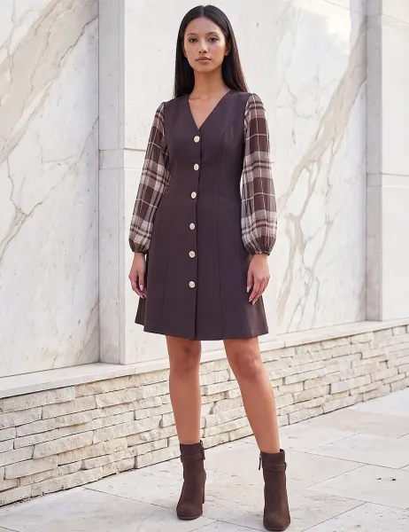 Roman Petite Button Through Midi Dress Brown Mix