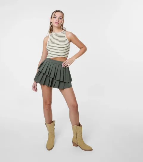 Women's Khaki Pleated Asymmetric Mini Skirt