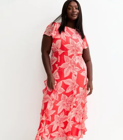 Women's Plus Size Bright Pink Orchid Chiffon Midi Dress Curves