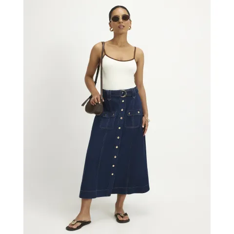 River Island Petite Belted Pocket Denim Midi Skirt
