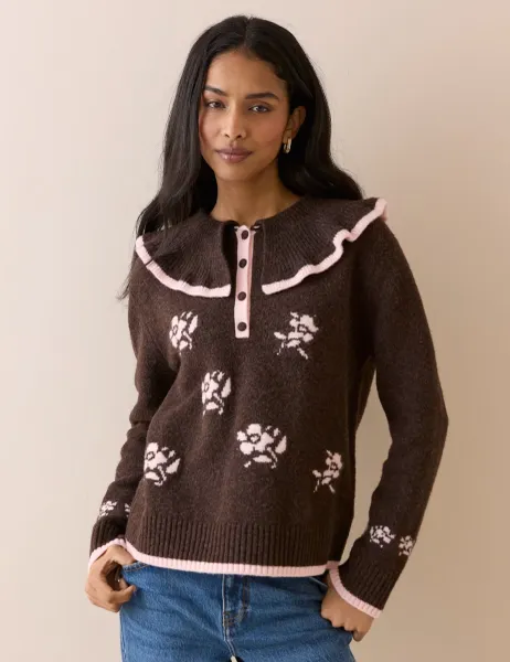 Nobody's Child Floral Collared Henley Jumper Brown