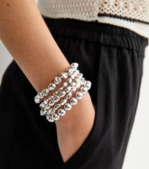 Pack of 5 Silver Tone Beaded Stretch Bracelets
